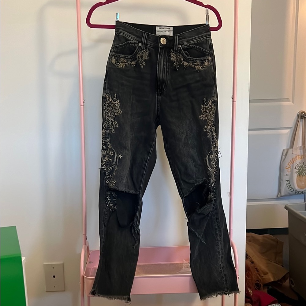 One teaspoon free people Black Straight Leg Jeans with embroidery